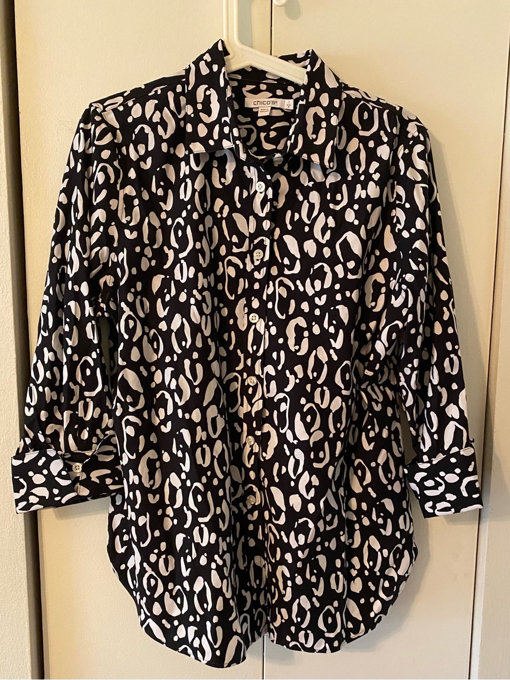 Chico's Black and White Leopard Print Button-Down Shirt